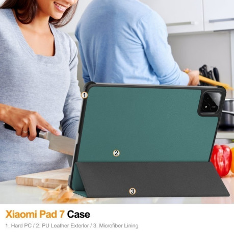 Чехол Custer Texture Three-folding Sleep/Wake-up для Xiaomi Pad 7 / 7 Pro- черный - зеленый