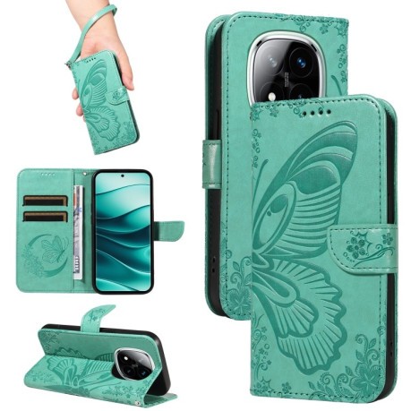 Чехол-книжка Swallowtail Butterfly Embossed Leather для Xiaomi Redmi Note 14 Pro / 14 Pro+ 5G - зеленый