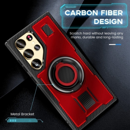 Протиударний чохол Ring Holder Carbon Fiber PC Hybrid TPU  для Samsung Galaxy S25 Ultra 5G - червоний