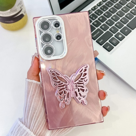 Противоударный чехол Plating Glitter Texture Butterfly для Samsung Galaxy S25 Ultra 5G - Pink Feather Yarn