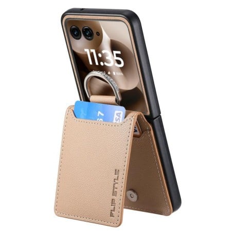 Противоударный чехол Litchi Texture Leather Ring Wallet  на Motorola Razr 60 Ultra - хаки