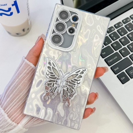 Противоударный чехол Plating Glitter Texture Butterfly для Samsung Galaxy S25 Ultra 5G - White Wrinkles