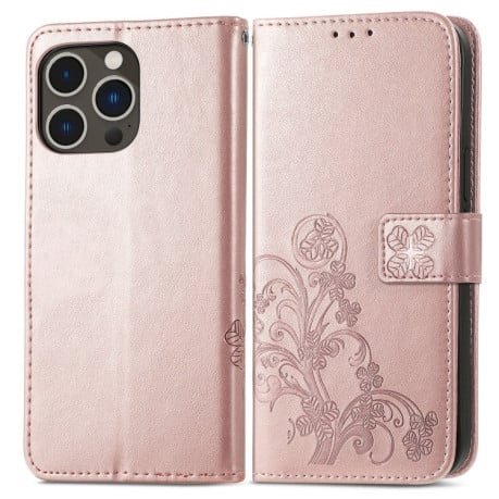 Чехол-книжка Four-leaf Clasp Embossed Buckle на iPhone 15 Pro Max - розовое золото