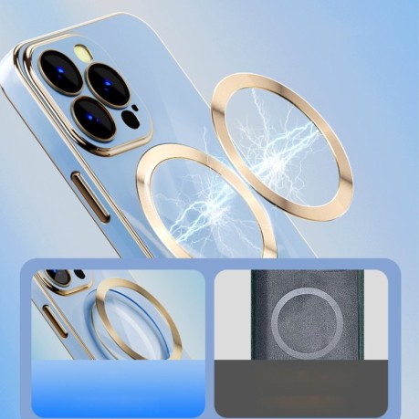 Противоударный чехол 6D Gold Plated Magsafe на  iPhone 14 Pro - голубой