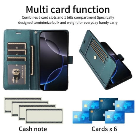 Чехол-книжка Six Card Slots Buckle Leather with Lanyard на Realme C75 - зеленый