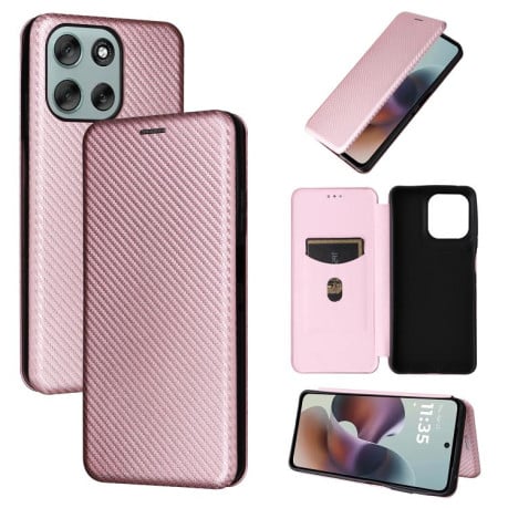 Чохол-книжка Carbon Fiber Texture на Motorola Moto G56 - рожевий
