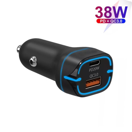 Автомобильная зарядка для быстрой зарядки с кабелем 1 м 38W PD20W + QC3 USB Car Charger  USB to Type-C - черный