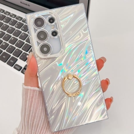 Протиударний чохол Plating Glitter Texture Ring Holder для Samsung Galaxy S25 Ultra 5G - White Water Ripples