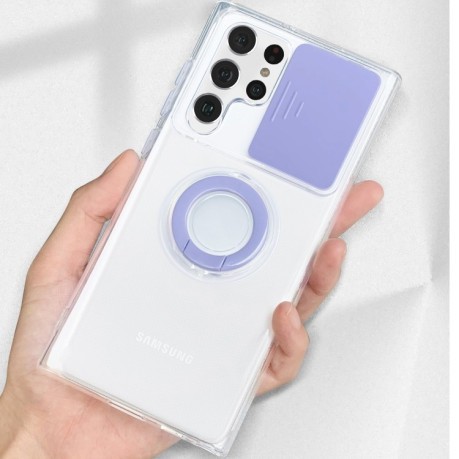 Противоударный чехол Sliding Camera with Ring Holder для Samsung Galaxy S22 Plus 5G - прозрачно- фиолетовый