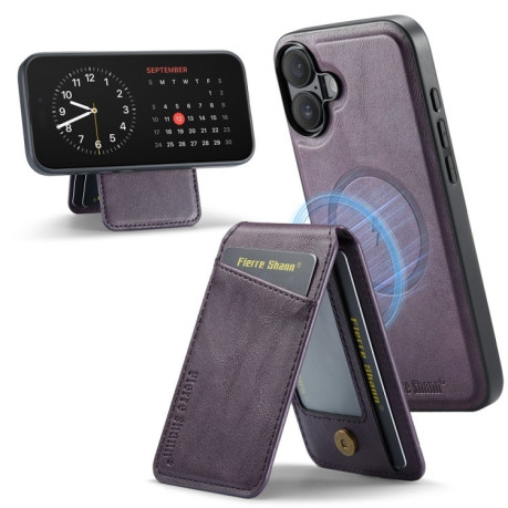 Чехол Fierre Shann Oil Wax Cow Leather Magnetic Card Holder на iPhone 16 - фиолетовый