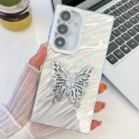 Противоударный чехол Plating Glitter Texture Butterfly для Samsung Galaxy S25+ 5G - White Water Ripples