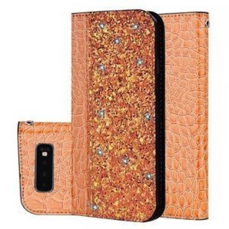 Кожаный чехол- книжка Crocodile Texture Glitter Powder на Samsung Galaxy S10/G973-оранжевый
