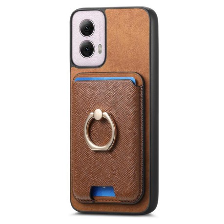 Чехол Retro Cross Leather Ring Vertical Insert Card Bag MagSafe для Motorola Moto G35 5G - коричневый