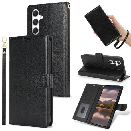 Чехол-книжка Peony Flowers Imprint Leather на Samsung Galaxy A36 - черный