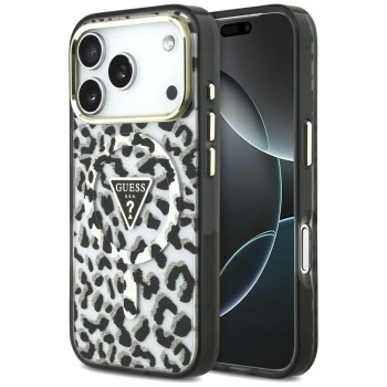 Оригинальный чехол Guess IML Leopard Glitter Triangle Logo MagSafe для iPhone 17 Pro / 18 Pro — чёрный