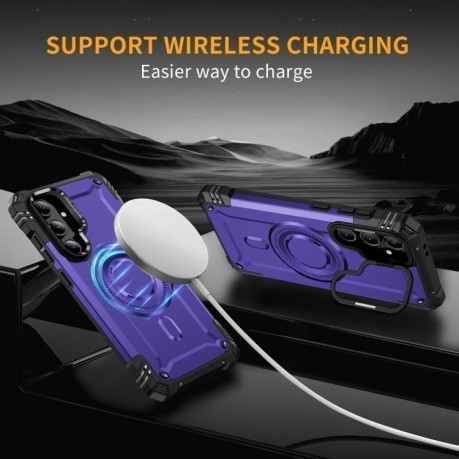 Противоударный чехол MagSafe Lens Holder PC Hybrid TPU для Samsung Galaxy S24 FE 5G - фиолетовый
