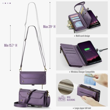 Чехол-книжка CaseMe C36 Card Slots Zipper Wallet RFID Anti-theft Leather для Google Pixel 9a - фиолетовый