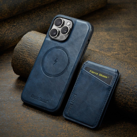 Чохол Fierre Shann Oil Wax Cow Leather Magnetic Card Holder на iPhone 16 Pro - синій
