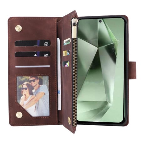Чохол-книжка Multifunctional Frosted Zipper Wallet з матовою фактурою та ремінцем на Samsung Galaxy S25 FE 5G - кавовий