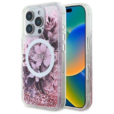 Оригінальний чохол Guess Liquid Glitter Flower MagSafe на iPhone 16 Pro Max - Pink