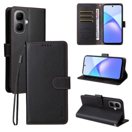 Чохол-книжка ENKAY RFID Blocking Wallet Kickstand з фактурою Litchi та магнітним хлястиком на Infinix Smart 10 4G - чорний