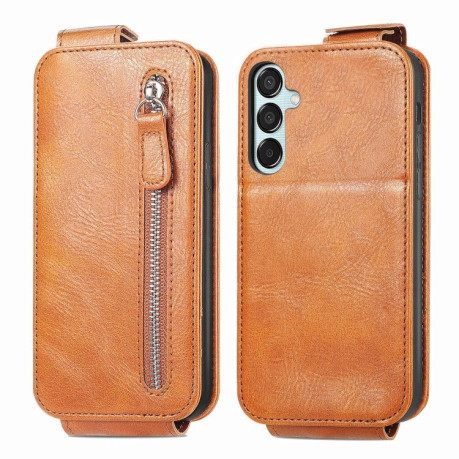 Чехол Cross Leather Ring Vertical Zipper Wallet для Samsung Galaxy M15 - коричневый