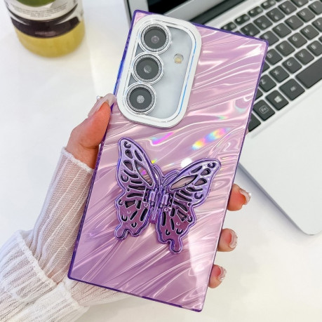 Противоударный чехол Plating Glitter Texture Butterfly для Samsung Galaxy S25+ 5G - Purple Water Ripples
