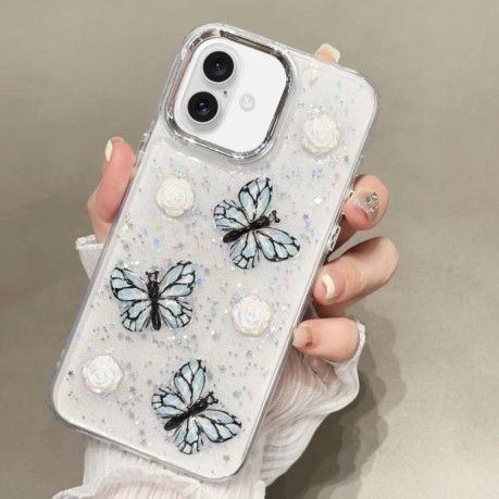 Противоударный чехол Glitter 3D Butterfly TPU для iPhone 16 Plus - синий