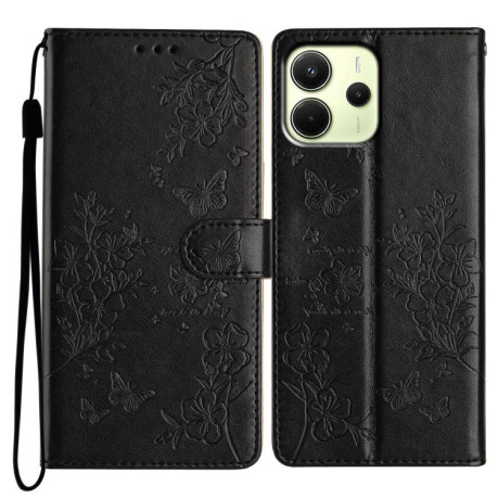 Чохол-книжка Butterflies and Flowers Leather для Redmi Note 14 4G 164.84mm - чорний