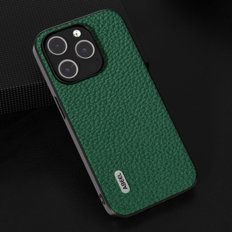 Противоударный чехол ABEEL Genuine Leather Litchi Texture для iPhone 15 Pro Max - зеленый