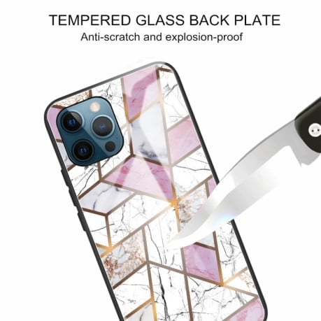 Противоударный стеклянный чехол Marble Pattern Glass на iPhone 13 Pro Max - Rhombus White Purple