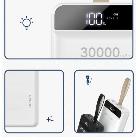 Портативное зарядное устройство Dudao power bank 30000 mAh 3x USB with LED lamp - белое