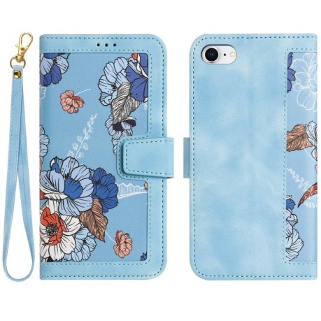 Чехол-книжка Floral Pattern Leather для iPhone 16e - голубой
