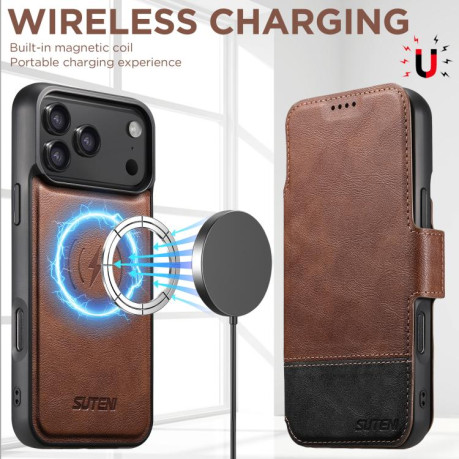 Чехол-книжка Suteni Q06 2-in-1 Multi-function с MagSafe и магнитным хлястиком на iPhone 17 Pro Max - коричневый