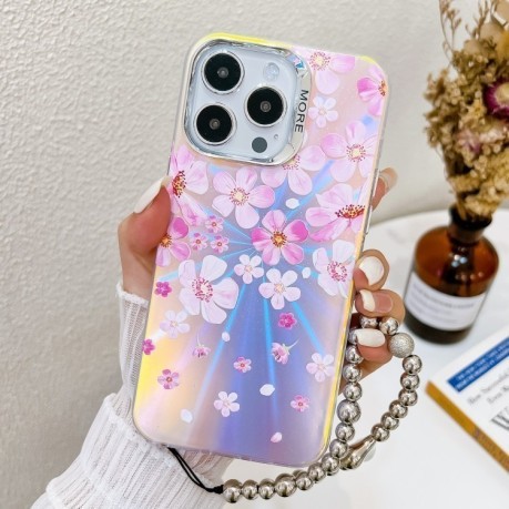 Чехол Electroplating Laser Flower Phone Case with Wrist Strap на iPhone 16 Pro Max - Pink Flower