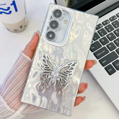 Противоударный чехол Plating Glitter Texture Butterfly для Samsung Galaxy S25+ 5G - White Wrinkles