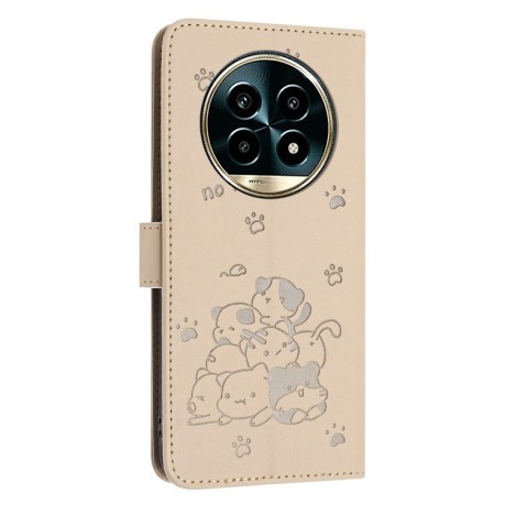 Чехол-книжка Embossed Kitten Phone Leather Case with Lanyard для Realme 13 Pro 5G - бежевый