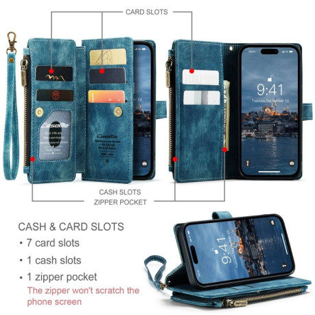 Кожаный чехол-кошелек CaseMe-C30 для iPhone 15 Pro - синий