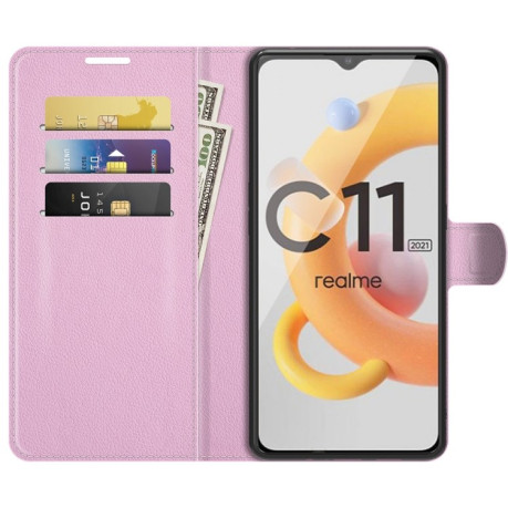 Чехол-книжка Litchi Texture на Realme C11 2021 - розовый