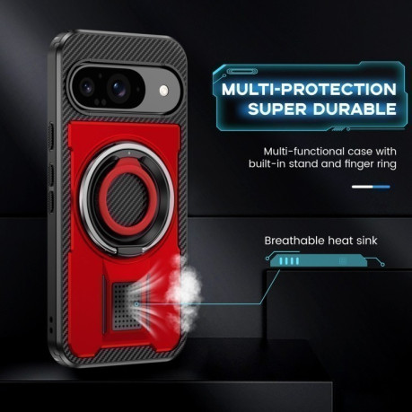Противоударный чехол Ring Holder Carbon Fiber PC Hybrid TPU для Google Pixel 9 / 9 Pro - красный