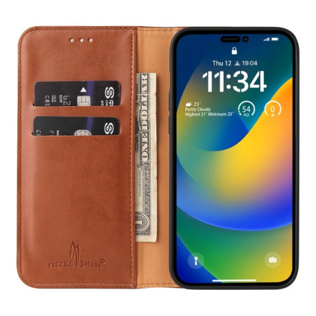 Кожаный чехол-книжка Fierre Shann Genuine leather на iPhone 14 Pro - коричневый