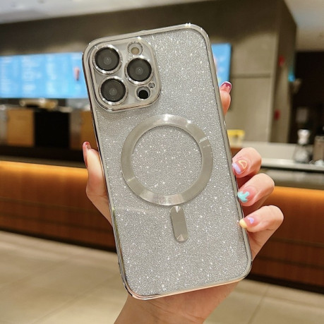 Противоударный чехол Glitter Electroplating MagSafe TPU для iPhone 16 Pro Max - серебристый