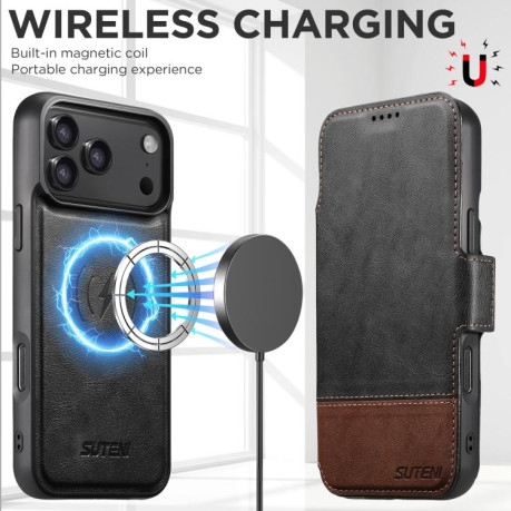 Чехол-книжка Suteni Q06 2-in-1 Multi-function с MagSafe и магнитным хлястиком на iPhone 17 Pro Max - черный