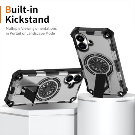 Противоударный чехол Shockproof Kickstand Metallic Shaft MagSafe на iPhone 17 - серебристый