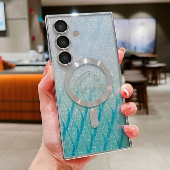 Противоударный чехол Dual-Love Leaves Gradient Glitter MagSafe TPU для Samsung Galaxy S25 5G - зеленый