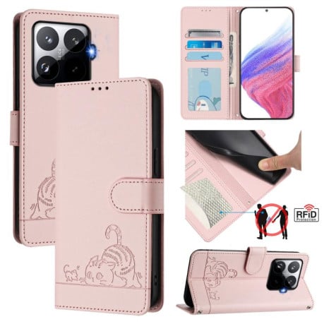 Чехол-книжка Cat Embossing Pattern на Xiaomi 15T Pro 5G - розовый