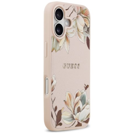 Оригинальный чехол Guess Grained Flowers Classic Logo с MagSafe на iPhone 17 - Pink