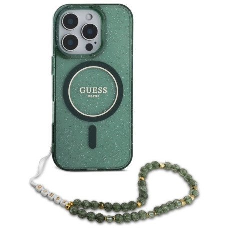 Оригинальный чехол Guess IML Glitter With Pearl Strap MagSafe для iPhone 16 Pro Max - green