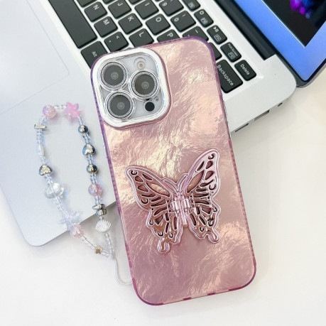 Противоударный чехол Plating Glitter Lens Film Texture Butterfly Holder Wristband для iPhone 16 Pro Max - Pink Tinfoil Texture