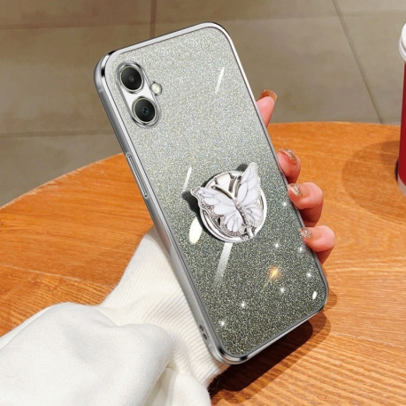 Противоударный чехол Plated Gradient Glitter Butterfly Holder для Samsung Galaxy A06 4G - серебристый